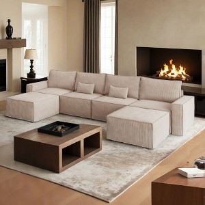 XIZZI Modular Corduroy Sectional Sofa: 5 Sold-Separately Units (Corner, Arms, Ottoman) | Black/Camel | Standard/Large Cushion Options | DIY Friendly - 1 of 4