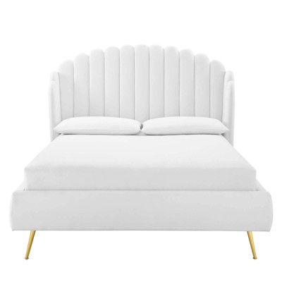 Queen White Velvet Upholstered Wingback Platform Bed with Tufted Headboard