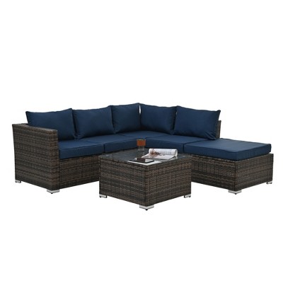 Maggift 4PCS Patio Seating Rattan Furniture Set Sectional Sofa Cushioned Garden, Tempered Glass Table, Blue, 51.1"*27.5"*25.62"