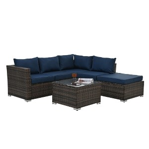 Maggift 4PCS Patio Seating Rattan Furniture Set Sectional Sofa Cushioned Garden, Tempered Glass Table, Blue, 51.1"*27.5"*25.62" - 1 of 4