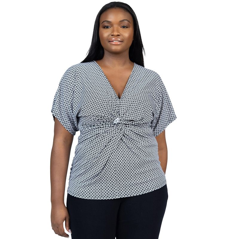 24seven Comfort Apparel Womens Plus Size V Neck Geometric Print Knot Front Sleeve Top, 5 of 7