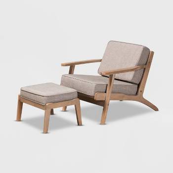 2pc Sigrid Fabric Upholstered Wood Armchair and Ottoman Set Light Gray/Antique Oak - Baxton Studio