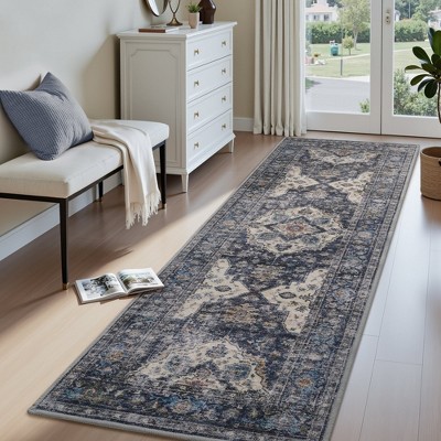 MontVoo Oriental Machine Washable Area Rug Navy