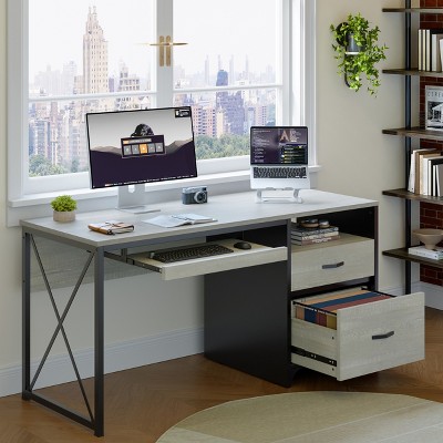Bestier 55'' Office Desk with Keyboard Tray&File Drawers, Industrial Computer Desk with Storage, Wood Teacher Desk for Home Office