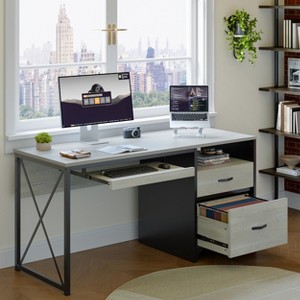 Bestier 55'' Office Desk with Keyboard Tray&File Drawers, Industrial Computer Desk with Storage, Wood Teacher Desk for Home Office - 1 of 4