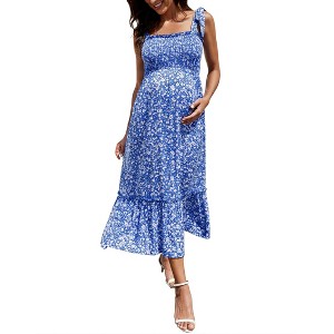 Women's Smocked Maternity Boho Dress Summer Casual Spaghetti Strap Ruffle Sleeveless Flowy Maxi Dress Baby Shower Photoshoot - 1 of 4