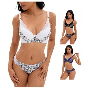 INSPIRE CHIC 3 Sets Women's Floral Mesh Push-Up Underwire Lace Bra and Underwear Lingerie Set - 1 of 4