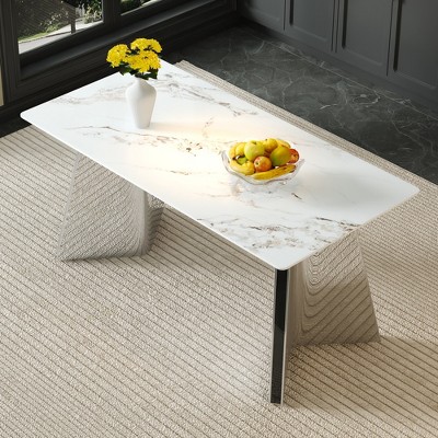 Syemin 63" Side Table, Marble Top, With Metal Stainless Steel Butterfly Legs for Living Room, Silver, 63"*31.5"*30"