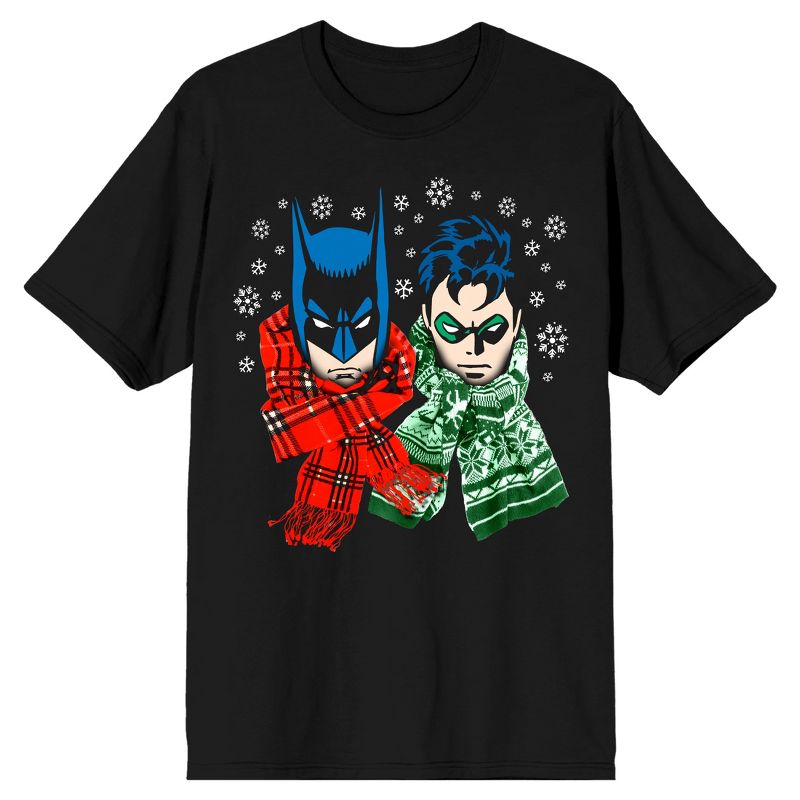 Batman Robin And Batman Winter Scarves Men's Black T-shirt, 1 of 2
