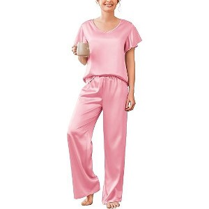 Ekouaer Women's Satin Silky Pajama Set 2 Piece Short Sleeve Shirt with Long Pants Pjs Sets Soft PJ Loungewear - 1 of 4