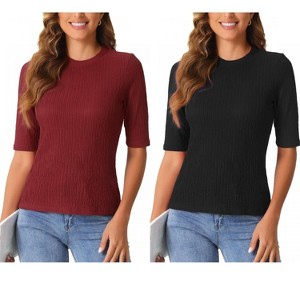 INSPIRE CHIC Women's Crew Neck Ruched Solid Half Sleeve Basic Casual Top 2 Packs - 1 of 4