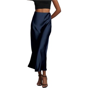Women's Satin Maxi Skirt - High Waist A-Line Long Skirt for Elegant Office Wear Deep Blue - 1 of 4