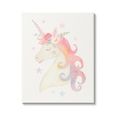 Stupell Industries Charming Unicorn Smiling Flower Crown Stars Design Canvas Wall Art