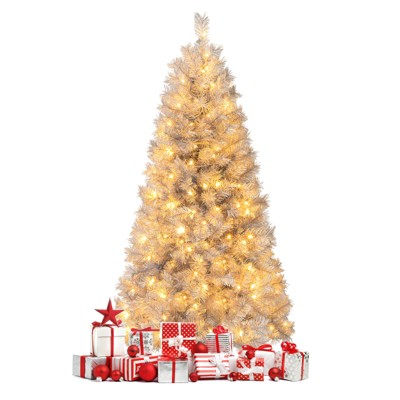 Tangkula 5/6/7 FT Artificial Christmas Tree Pre-lit Xmas Tree with  Branch Tips LED Lights Silver Tinsel Leaves