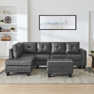 Sectional 3-Seaters Sofa , reversible recliner, Storage Pad and Wood Grain Cup Holder, Non-slip Leg, PU - 1 of 4