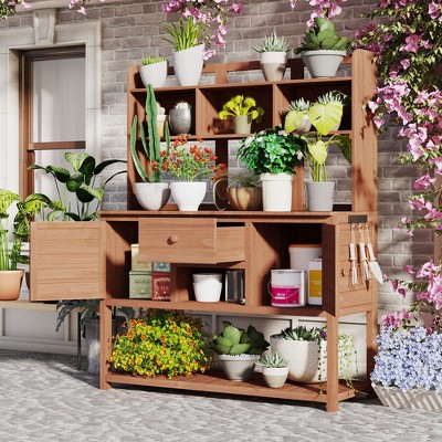 50”W Garden Potting Bench Table, Outdoor Patio Workstation with Hutch, Drawer and Adjustable Shelves, Fir Wood Frame, Brown/White/Natural-ModernLuxe
