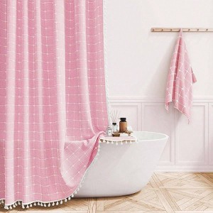 Boho Farmhouse Shower Curtain - Linen Rustic Heavy Duty, Water Repellent, Tassel, Pink 72x72 - 1 of 4