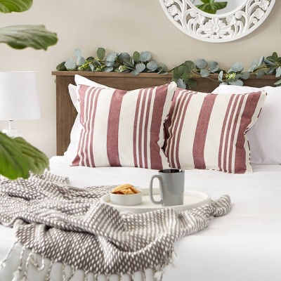 Burgundy and White Striped Cotton Euro Pillow Covers, Set of 2