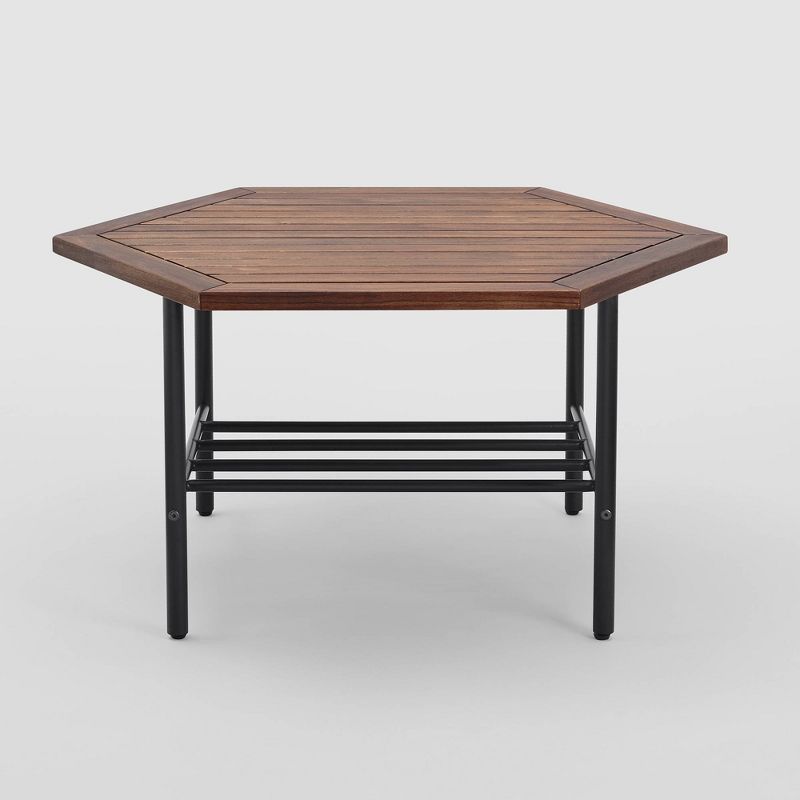 Saybrook Modern Metal and Wood Patio Hexagon Coffee Table - Dark Brown - Saracina Home, 5 of 15