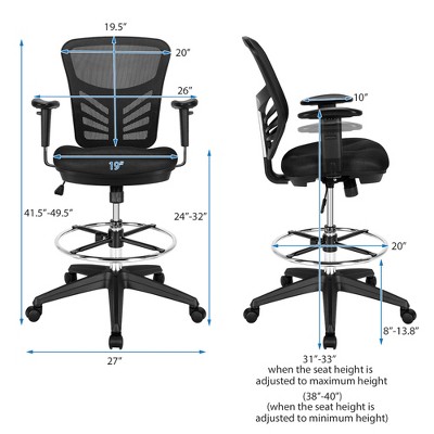 Black Mesh Adjustable Swivel Drafting Chair with Foot-Ring