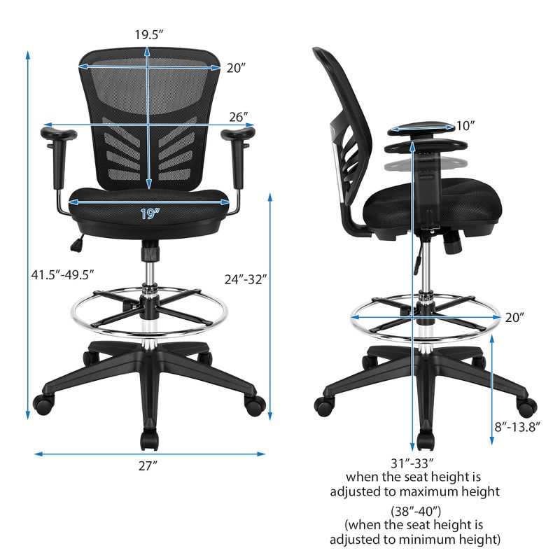 Costway Mesh Drafting Chair Office Chair w/Adjustable Armrests & Foot-Ring, 3 of 11