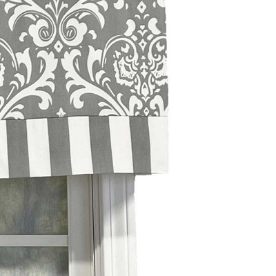 Gray and White Damask Rod Pocket Valance with Stripe Banding