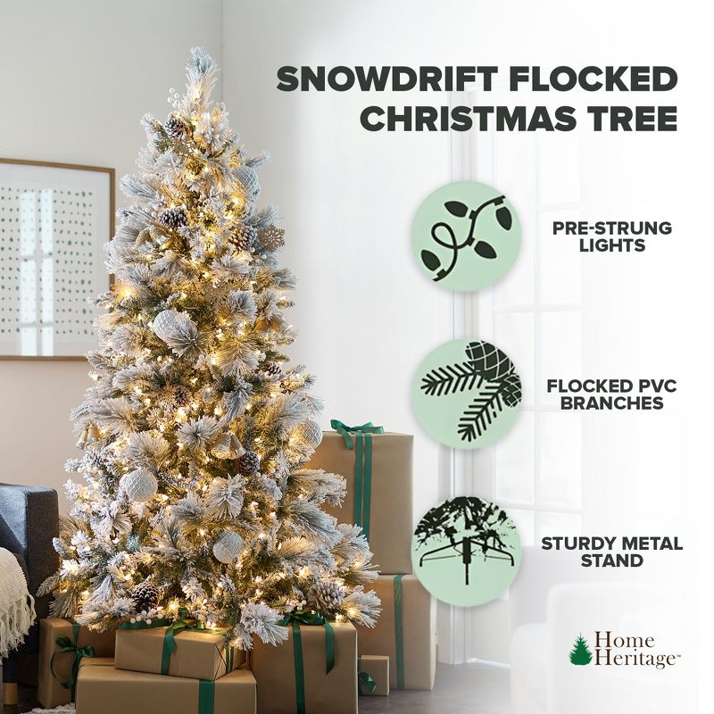 Home Heritage Pre-Lit Snowdrift Flocked Artificial Holiday Tree, Clear Lights, Natural-Looking PVC Foliage Tips, Metal Stand, 2 of 7