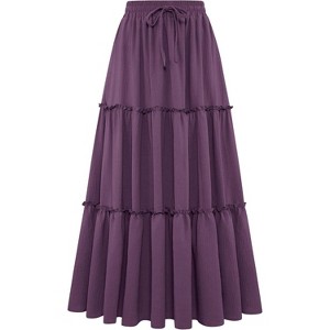 Women's Boho Beach Maxi Skirt - High Waist Flowy Pleated & Ruffle Long Skirt with Pockets Purple - 1 of 4