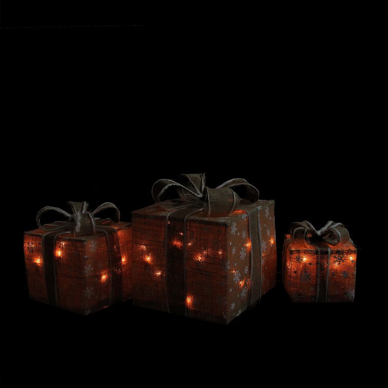 Northlight Set of 3 Lighted Natural Snowflake Burlap Gift Boxes Christmas Outdoor Decorations, 2 of 4