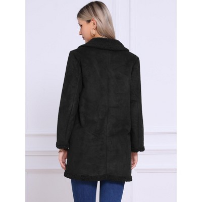 INSPIRE CHIC Women's Faux Shearling Double Breast Lapel Fleece Long Casual Faux Fur Jackets with Pockets Small Black — фото 4