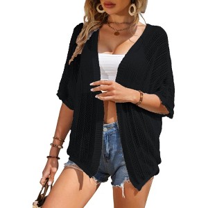 Womens Short Sleeve Mesh Cardigan Drop Shoulder Cardigan Semi-Sheer Sweater Cardigan Lightweight Beach Cover Up - 1 of 1
