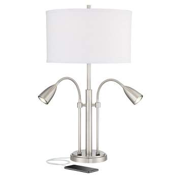 Possini Euro Design Wagner Modern Table Lamp 29 3/4" Tall Brushed Nickel with USB Charging Port and LED Gooseneck Lights White Shade for Living Room