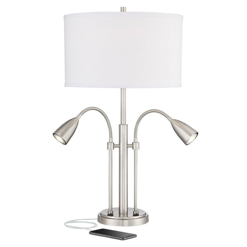 Possini Euro Design Wagner Modern Table Lamp 29 3/4" Tall Brushed Nickel with USB Charging Port and LED Gooseneck Lights White Shade for Living Room, 1 of 10