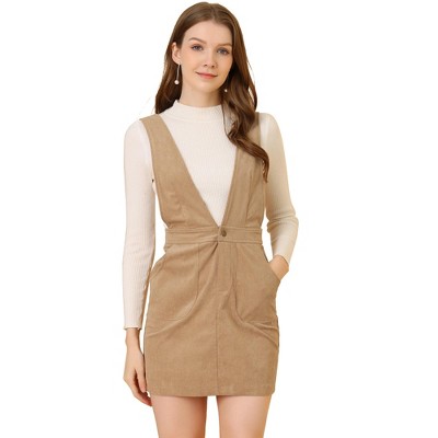 INSPIRE CHIC Women's V-Neck Corduroy Strap Back Overall Mini Pinafore Dress