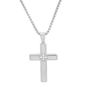Steeltime 24" Men's two tone stainless steel sand dusted cross pendant with  simulated diamonds. Color Options: Silver, Gold - 1 of 4