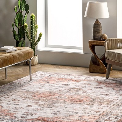 4' x 6' Orange and White Medallion Washable Synthetic Rug