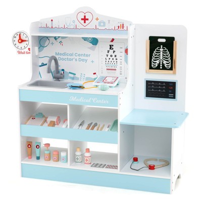 Safstar Wooden Doctor Play Set w/ Clock Sink Eye Chart ECG Monitor Exam Area Storage