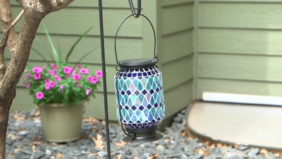 Cool Blue Mosaic Glass Solar LED Outdoor Lantern with Metal Frame
