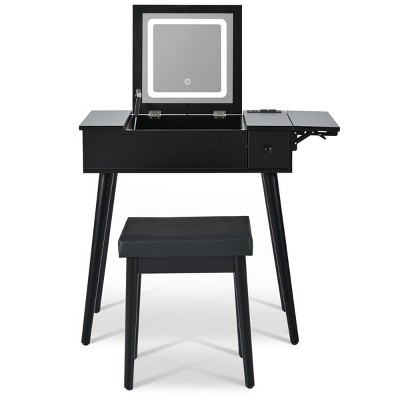 AZL1 Life Concept Dressers Functional Folding Mirror Vanity Set with LED Makeup Mirror Leather Stool Desk, Black, 15.83"*44.69"*44.69"