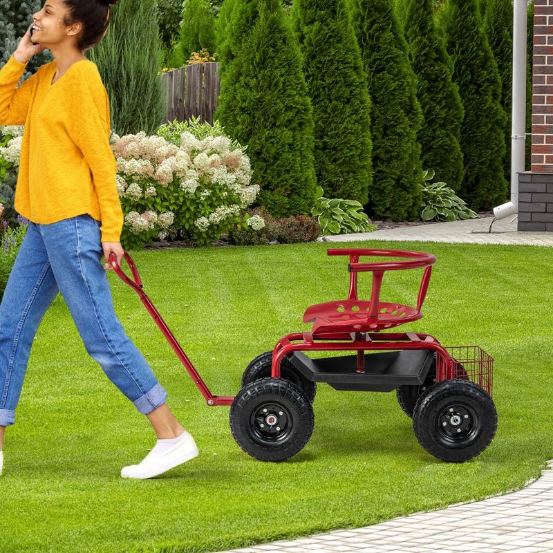 Costway Rolling Garden Cart Height Adjustable Scooter with Swivel Seat & Tool Storage, 2 of 11