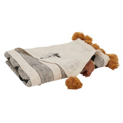 Modern Block Print Embroidered Cotton Throw with Pom Poms