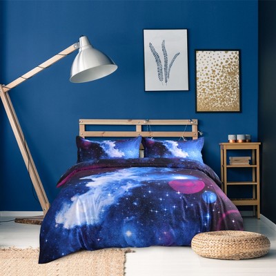 3 Pcs Queen Polyester Galaxy Sky Cosmos Night Pattern 3D Printed Bedding Sets Sky Blue  - PiccoCasa