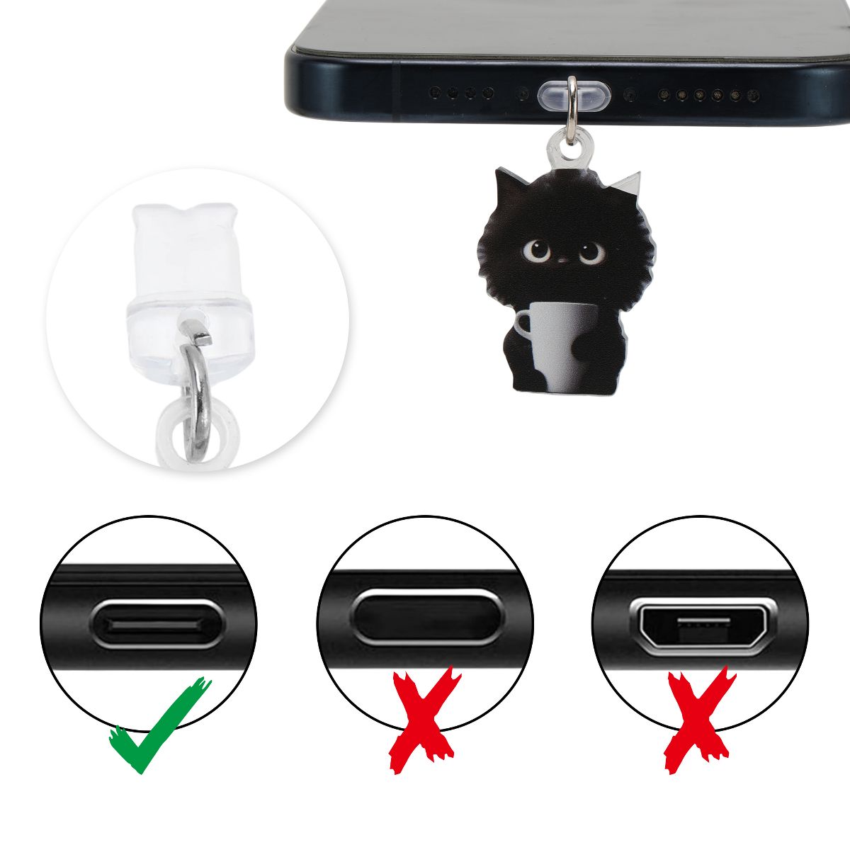 Unique Bargains Cat Pendants Dust Plug Charm for Type-C Black White 2 Pcs - thumbnail 2