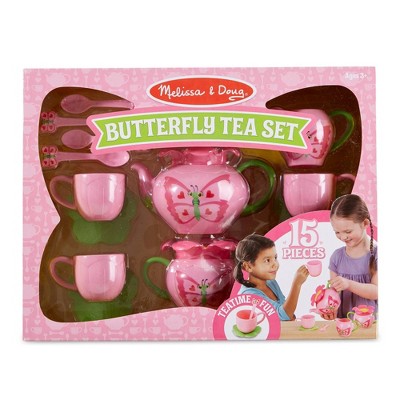 Rosy Pink Butterfly-Themed 17-Piece Plastic Tea Set