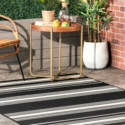 Black and White Striped Synthetic 5' x 8' Indoor/Outdoor Rug
