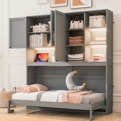 Merax Sleek Twin Size Wall Murphy Bed with Ample Storage Space, LED Light and USB Ports