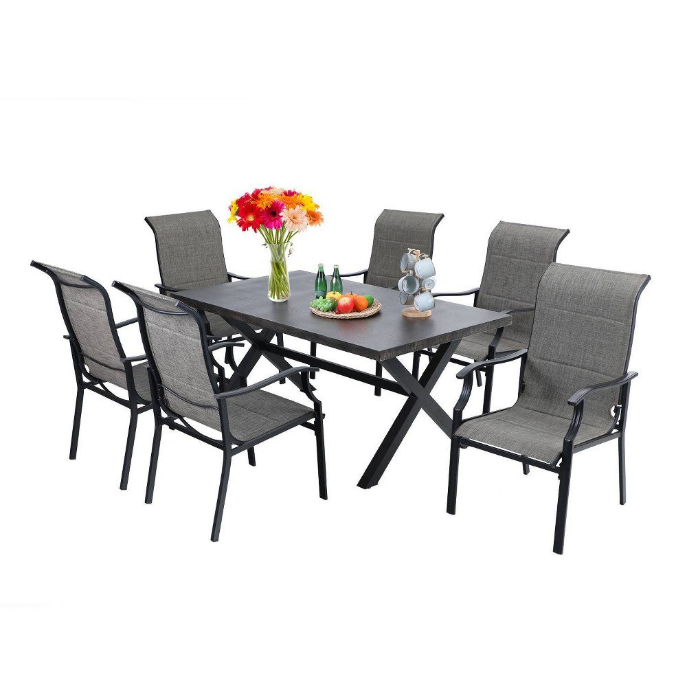 7pc Patio Dining Set with Wood Grain Tabletop & Metal Padded Arm Chairs Captiva Designs
