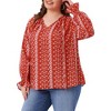Women's Plus Size Printed Pattern Tie Notch V Neck Flare Long Sleeve Casual Blouses - Agnes Orinda - 2 of 4