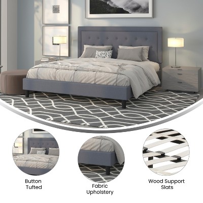 Modern King-Sized Light Gray Tufted Upholstered Platform Bed with Wooden Slats