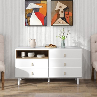 Okak Multifunctional Storage Cabinet Dresser with 5 Drawer, Wooden Chest Closet Storage Cabinet Organizer for Living Room Hallway Entryway, White
